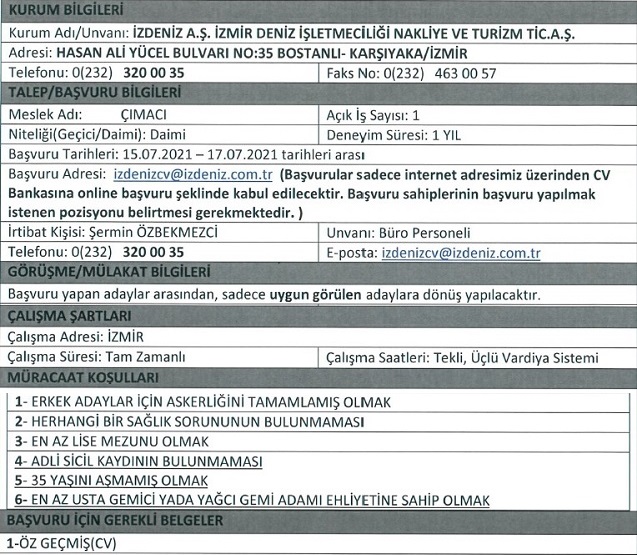 İzmir Büyükşehir Belediyesi İZDENİZ personel alımı 2021 İZDENİZ iş ilanları