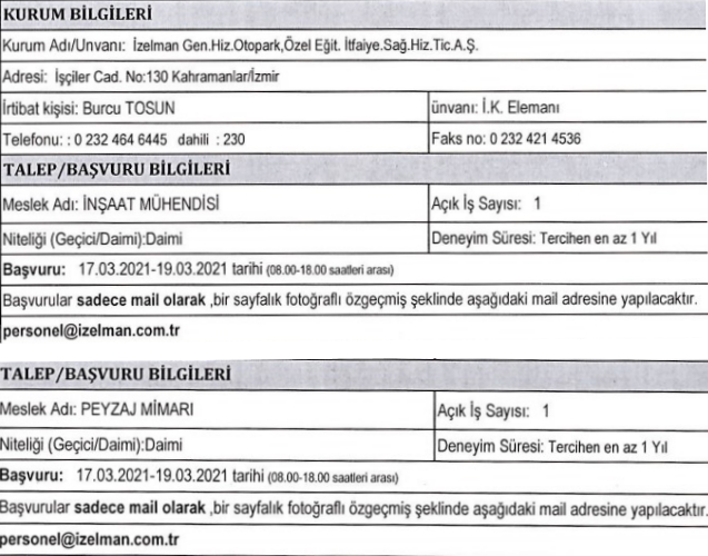 İzmir İzelman personel alımı 2021 Mart iş ilanları