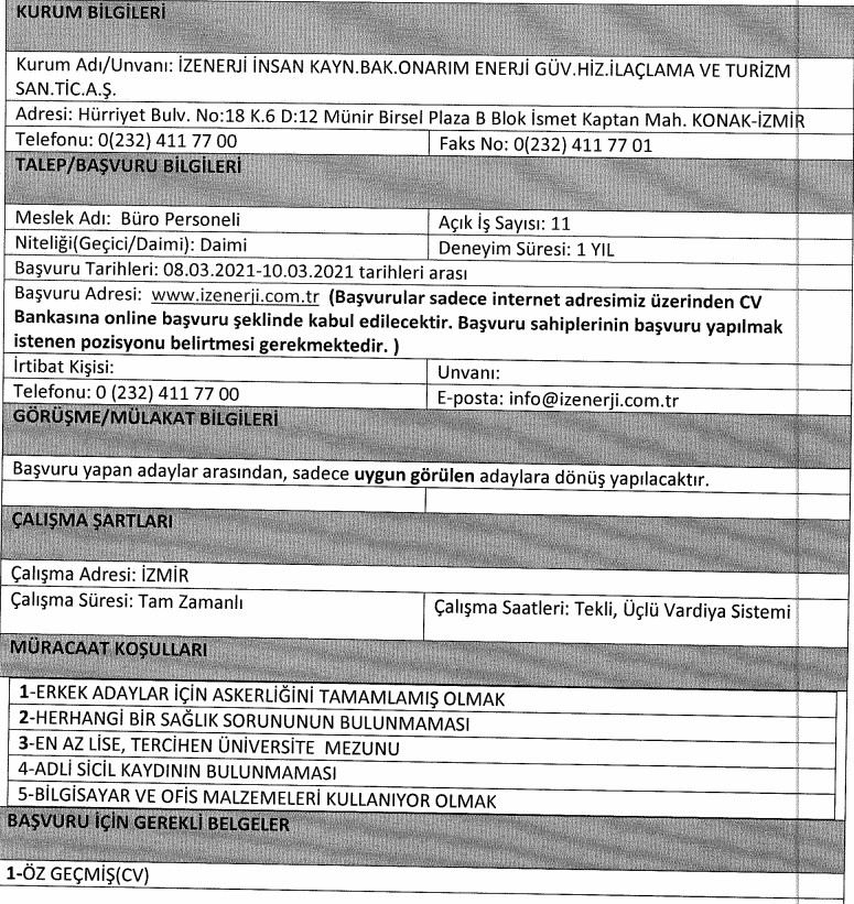 İzmir Büyükşehir Belediyesi İzenerji personel alımı Mart 2021