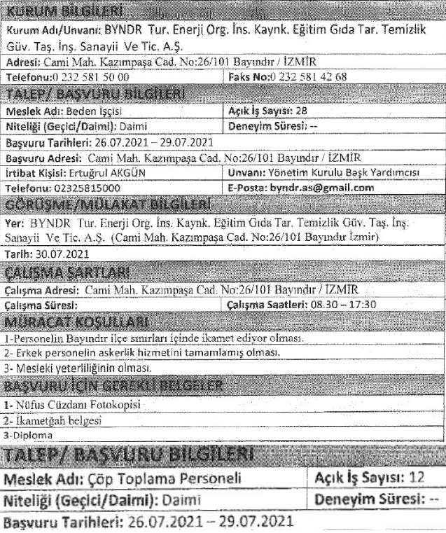 İzmir Bayındır Belediyesi personel alımı 2021 iş ilanları