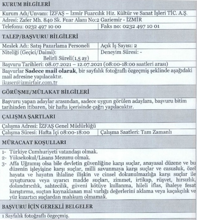 İzmir Büyükşehir Belediyesi İZFAŞ personel alımı 2021