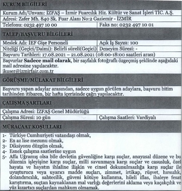 İzmir İZFAŞ personel alımı 2021 İzfaş iş ilanları
