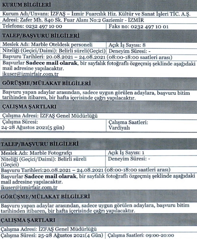 İzmir Büyükşehir Belediyesi İZFAŞ personel alımı 2021 işçi alımı