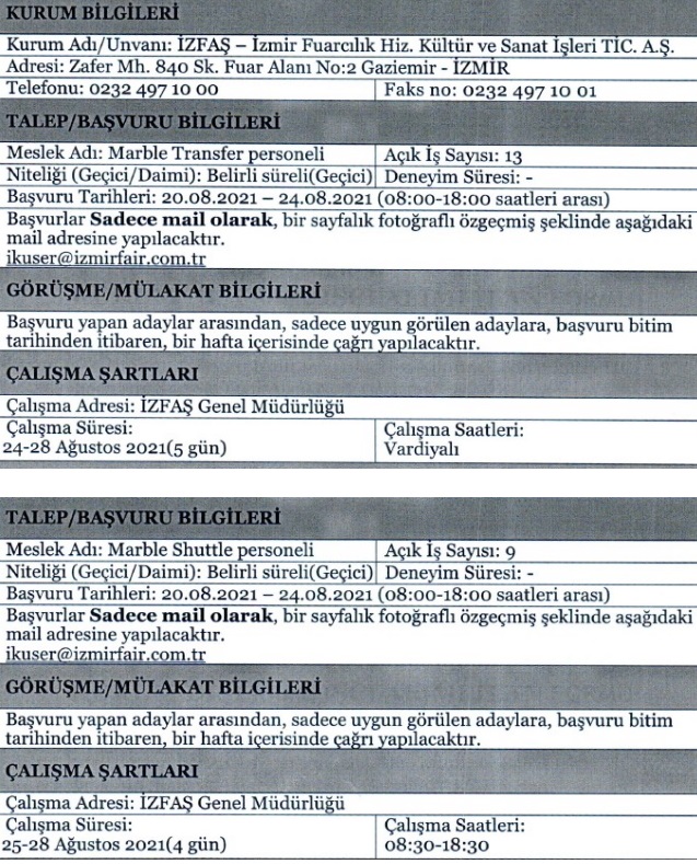 İzmir Büyükşehir Belediyesi İZFAŞ personel alımı 2021 işçi alımı