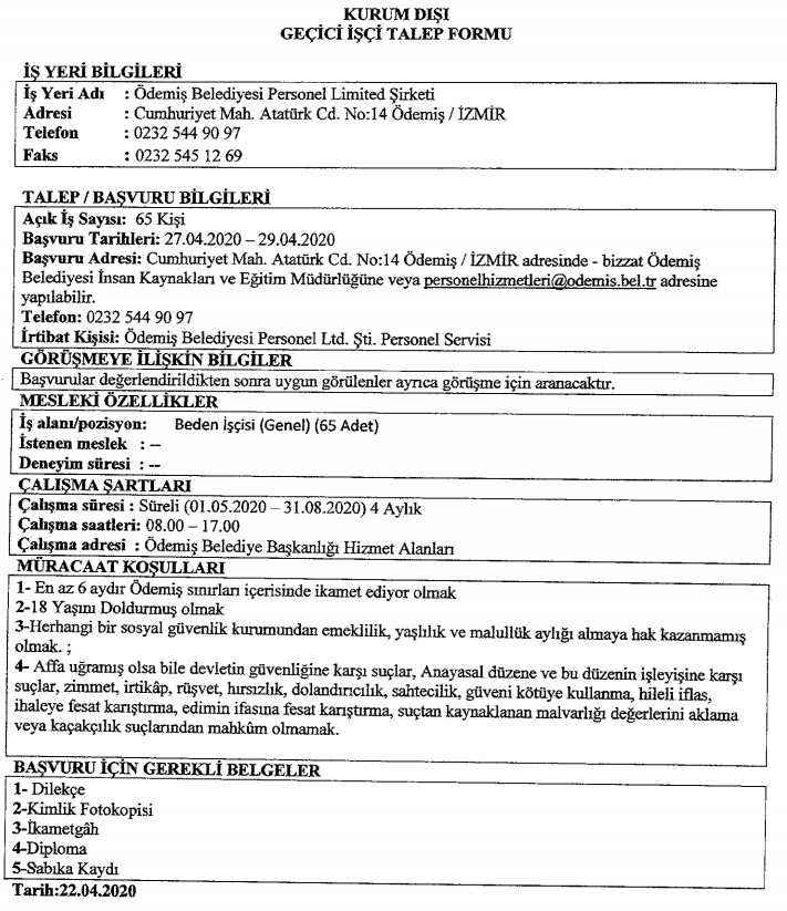Ödemiş Belediyesi personel alımı 2020! 65 kişi aranıyor
