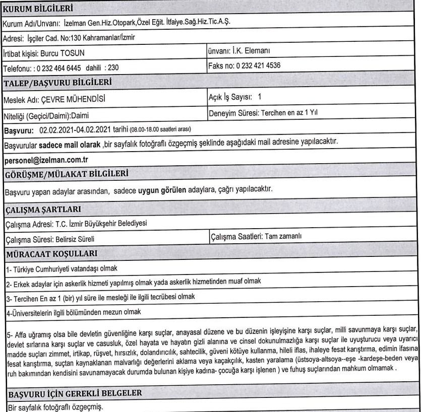 İzmir Büyükşehir Belediyesi İZELMAN personel alımı 2021 Şubat
