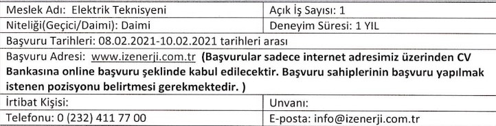 İzmir Büyükşehir Belediyesi İZENERJİ personel alımı 9 – 10 Şubat 2021