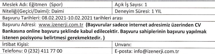 İzmir Büyükşehir Belediyesi İZENERJİ personel alımı 9 – 10 Şubat 2021