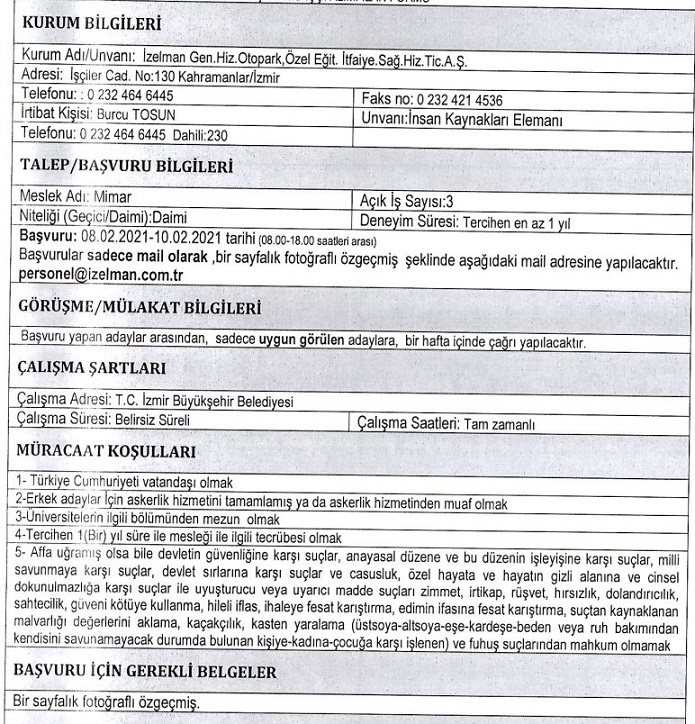 İZELMAN personel alımı 9 – 10 Şubat 2021 İzmir Büyükşehir Belediyesi