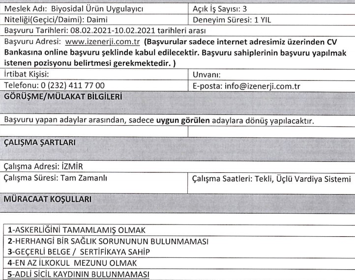 İzmir Büyükşehir Belediyesi İZENERJİ personel alımı 2021