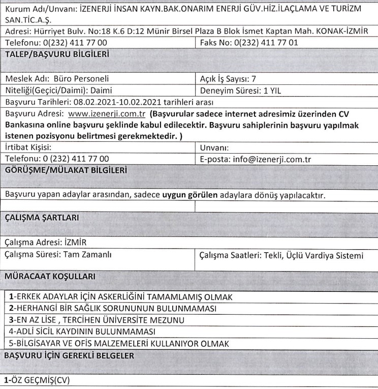 İzmir Büyükşehir Belediyesi İZENERJİ personel alımı 2021