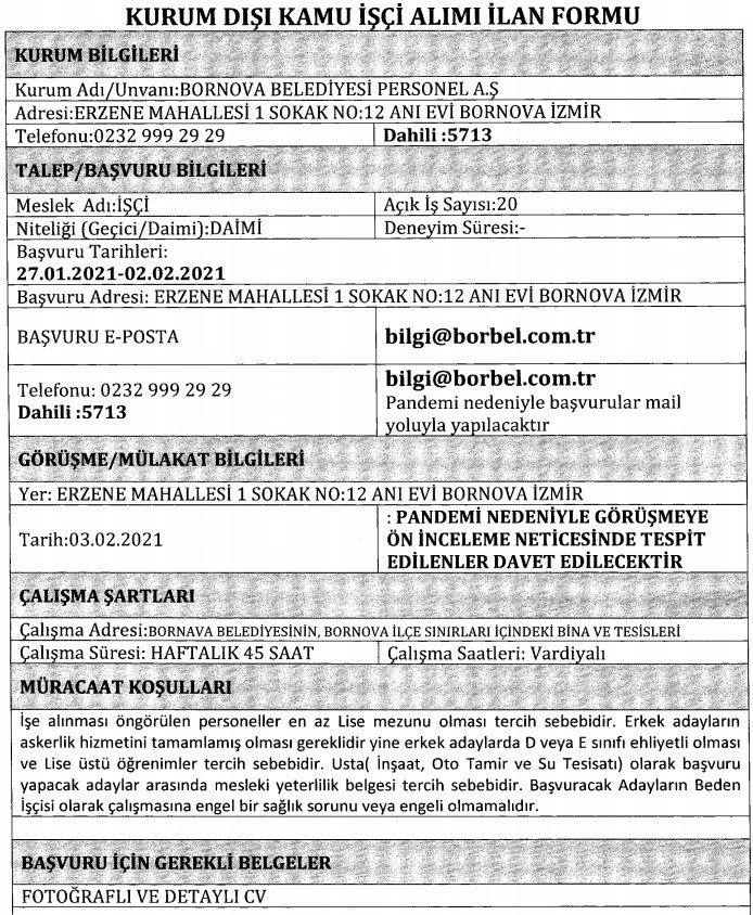 Bornova Belediyesi personel alımı 2021