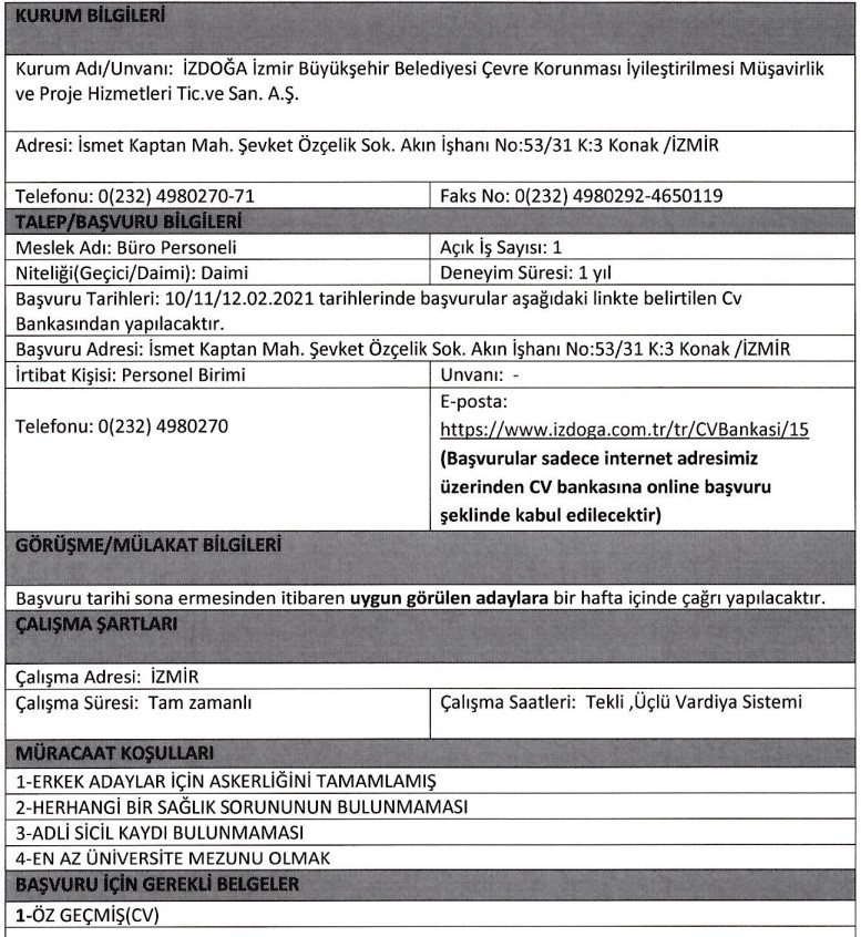 İzmir Büyükşehir Belediyesi personel alımı 2021