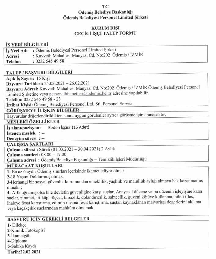 Ödemiş Belediyesi personel alımı 2021 iş ilanları