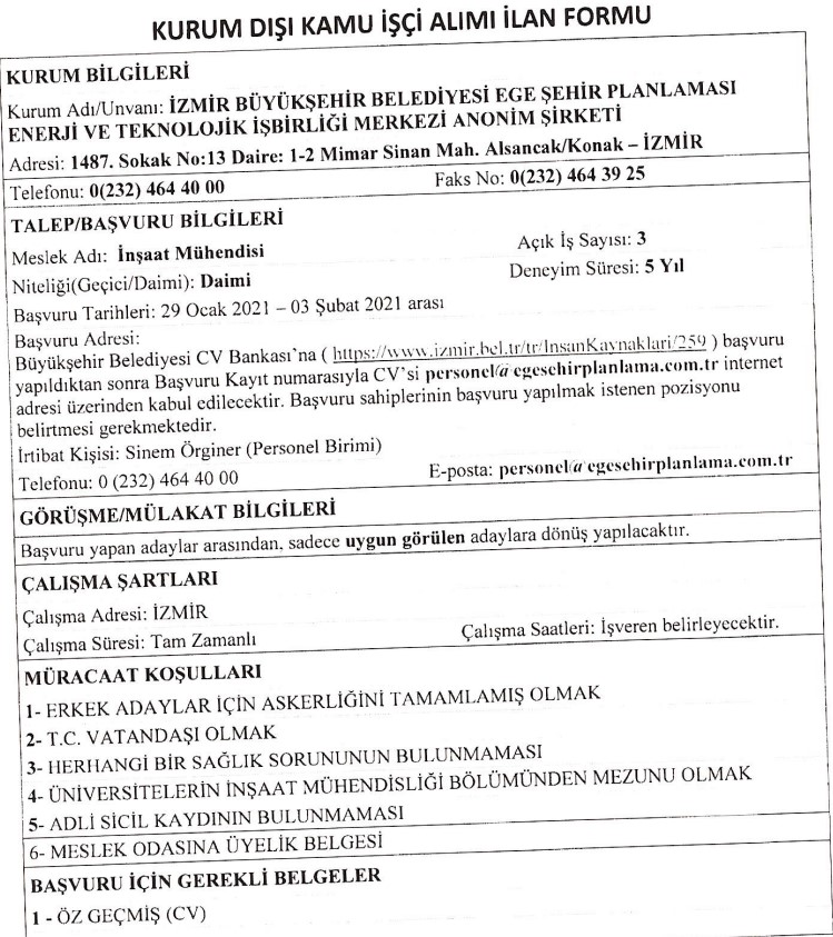 İzmir Büyükşehir Belediyesi Ege Şehir Planlama personel alımı 2021