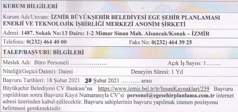 İzmir Büyükşehir Belediyesi personel alımı 2021 iş ilanları