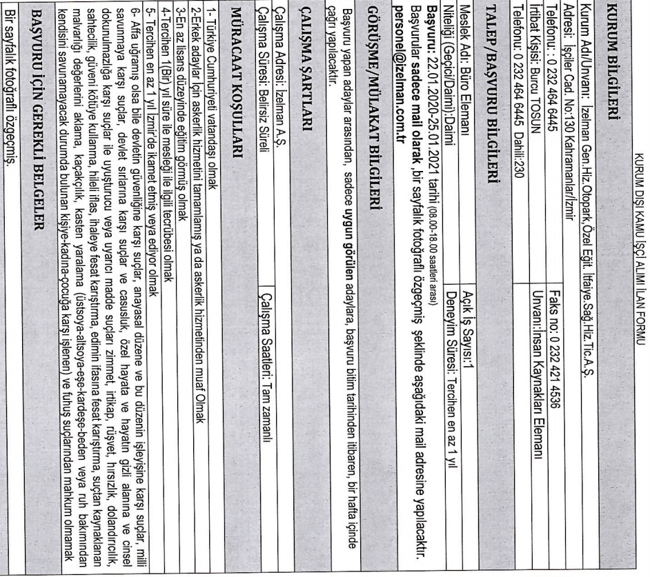 İZELMAN personel alımı 2021 İŞKUR