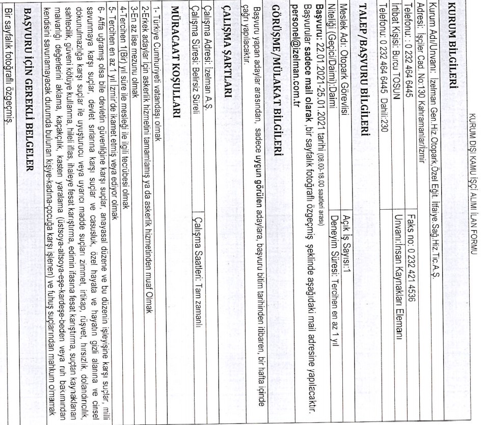 İZELMAN personel alımı 2021 İŞKUR