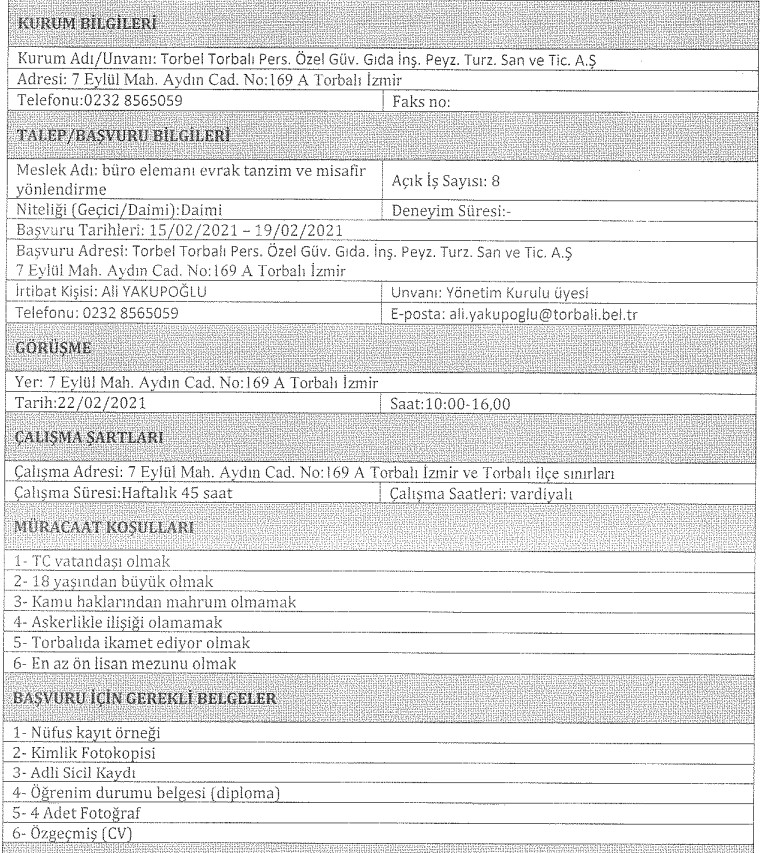 Torbel İzmir Torbalı Belediyesi personel alımı 2021 iş ilanları