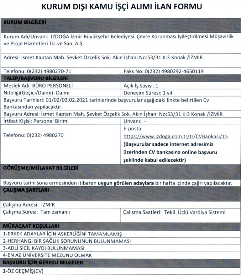 İzmir Büyükşehir Belediyesi personel alımı 2021