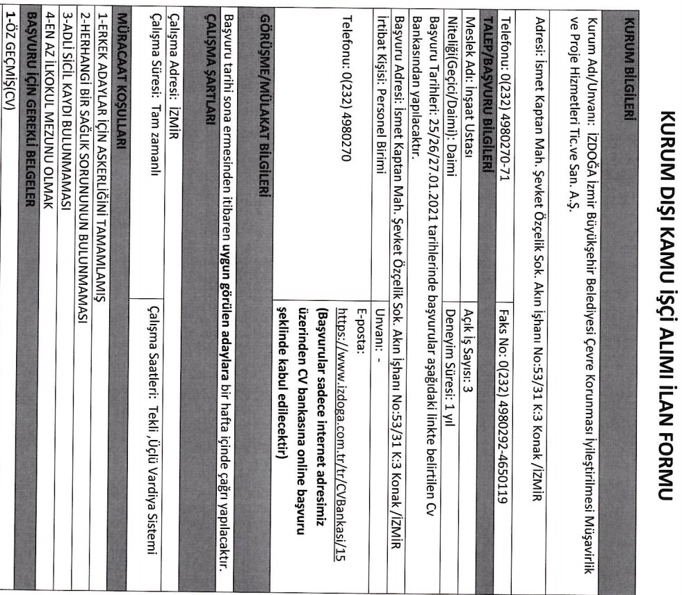 İZDOĞA personel alımı 2021 İŞKUR