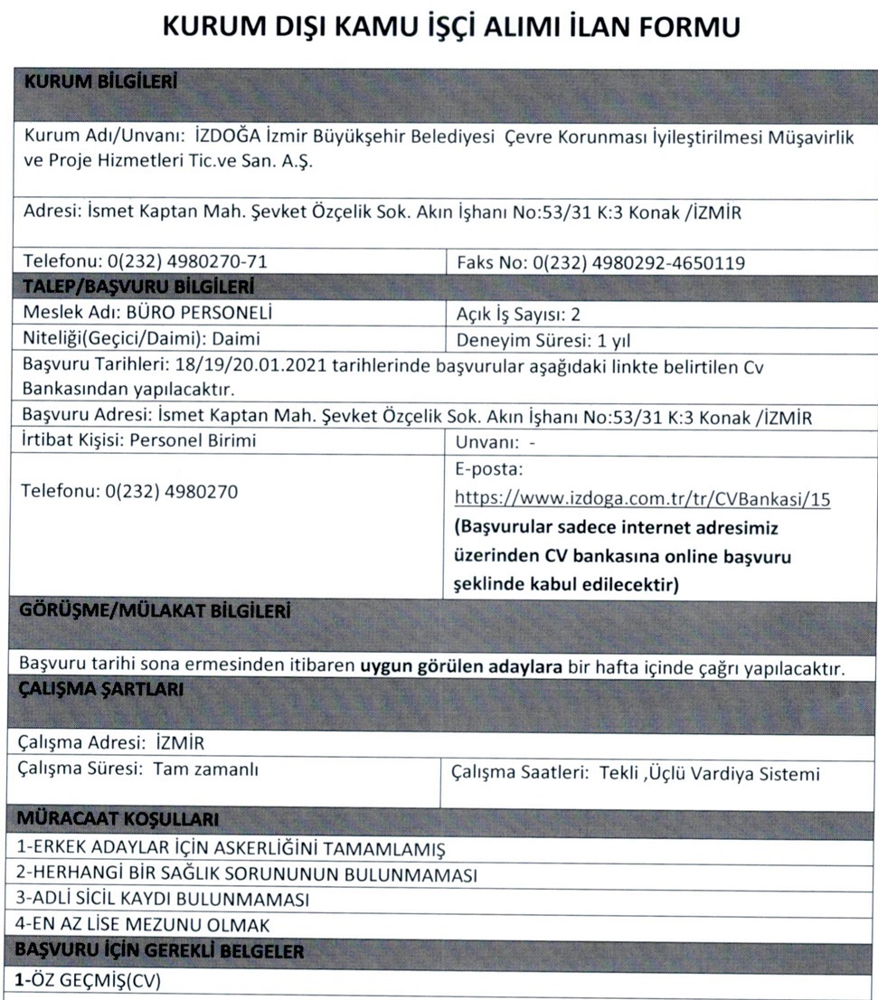 İzmir Büyükşehir Belediyesi personel alımı 2021