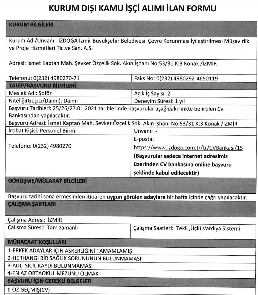 İZDOĞA personel alımı 2021 İŞKUR
