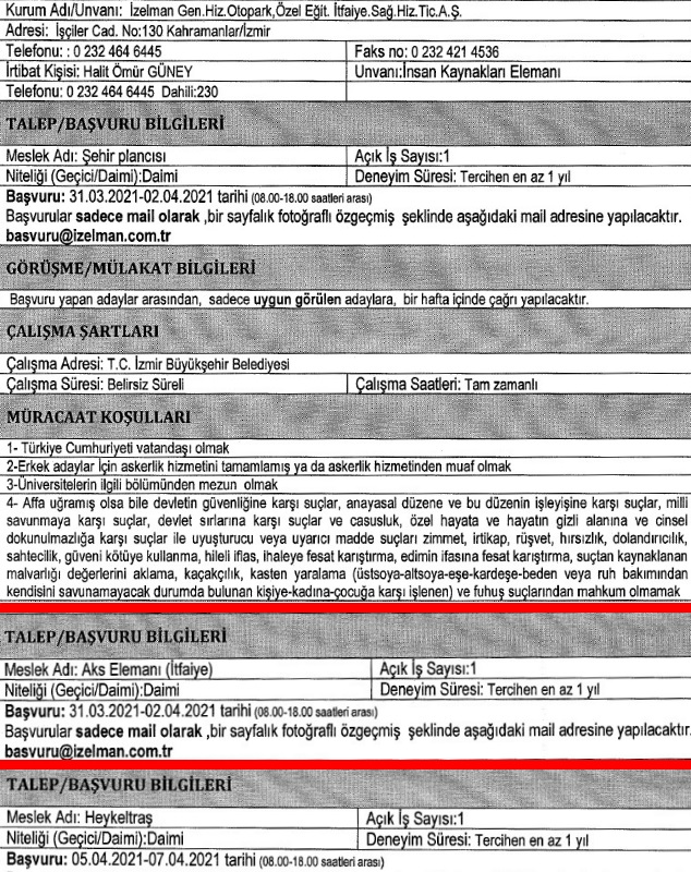 İzmir Büyükşehir Belediyesi personel alımı 2021 Nisan