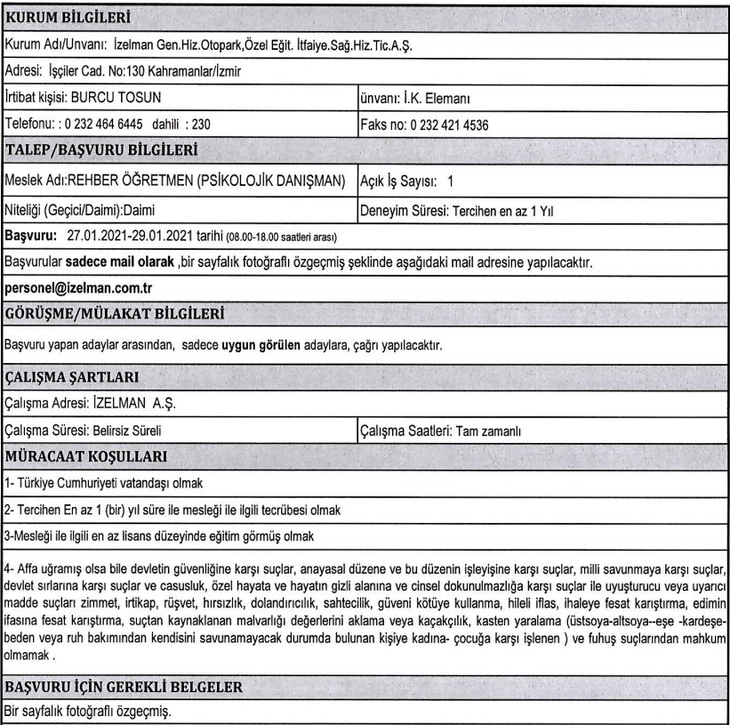 İzmir Büyükşehir Belediyesi personel alımı 2021 iş ilanları