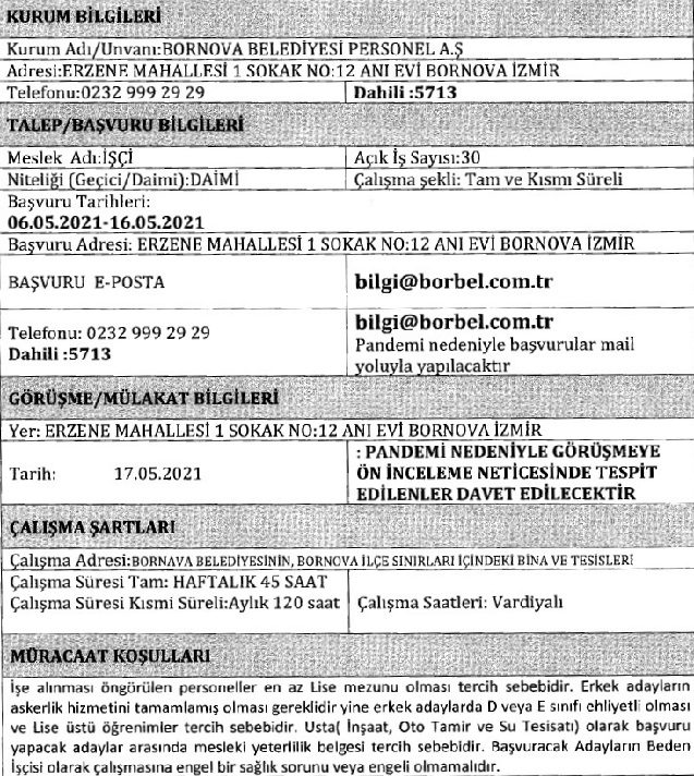 bornova belediyesi personel işçi alımı 2021