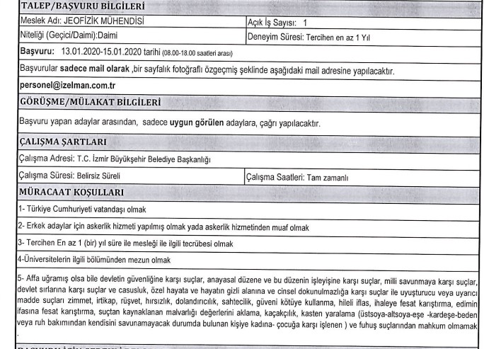 İzmir Büyükşehir Belediyesi İZELMAN 5 iş kolundan personel alımı yapacak