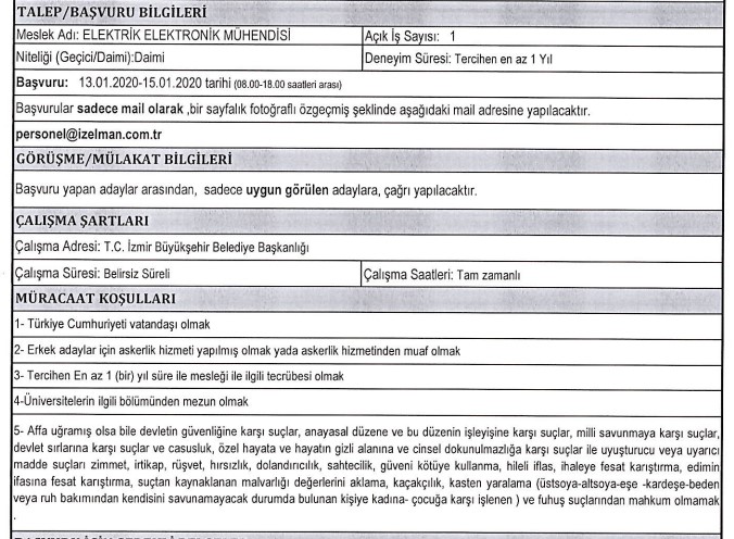 İzmir Büyükşehir Belediyesi İZELMAN 5 iş kolundan personel alımı yapacak