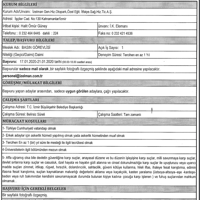 İzmir Büyükşehir Belediyesi ve ilçe belediyeleri personel alımı başladı