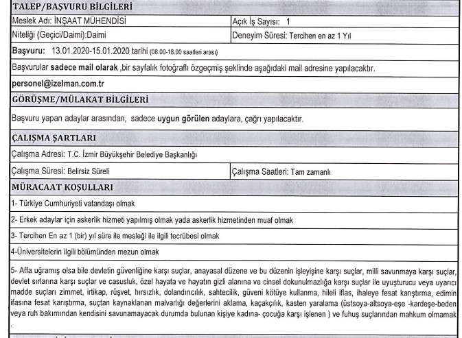 İzmir Büyükşehir Belediyesi İZELMAN 5 iş kolundan personel alımı yapacak