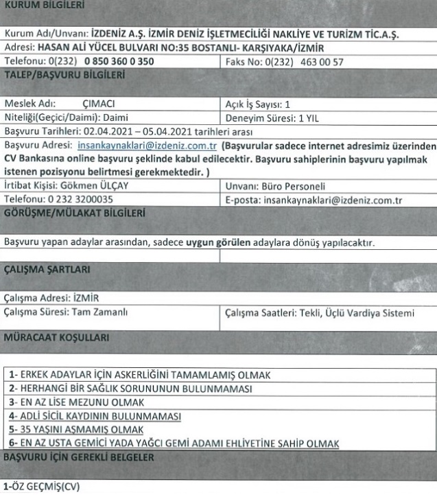 İzmir Büyükşehir Belediyesi İZDENİZ personel alımı 2021 Nisan