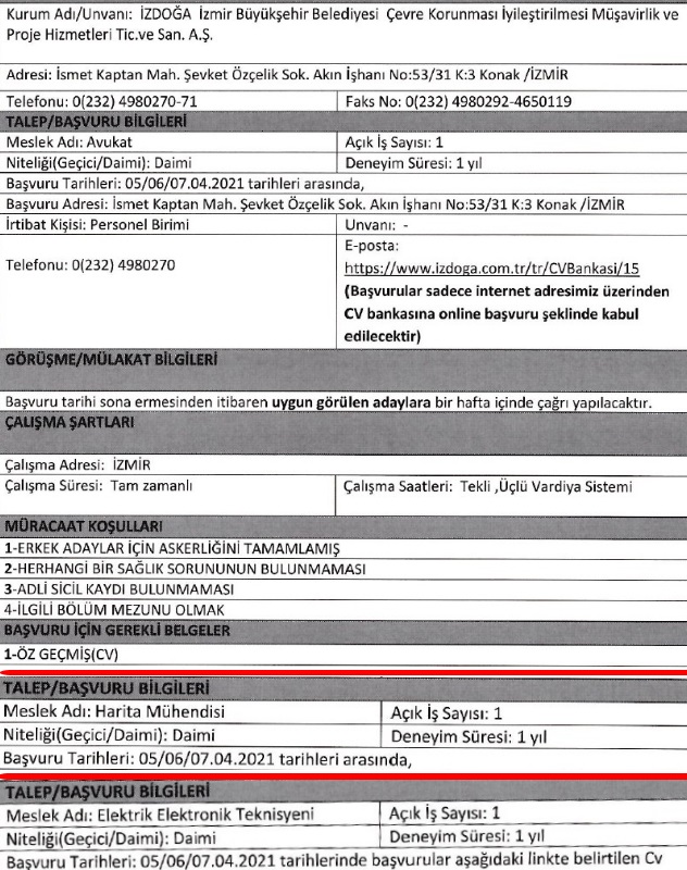 İzmir Büyükşehir Belediyesi personel alımı 2021 Nisan