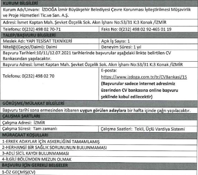 İzmir Büyükşehir Belediyesi İZDOĞA personel alımı 2021