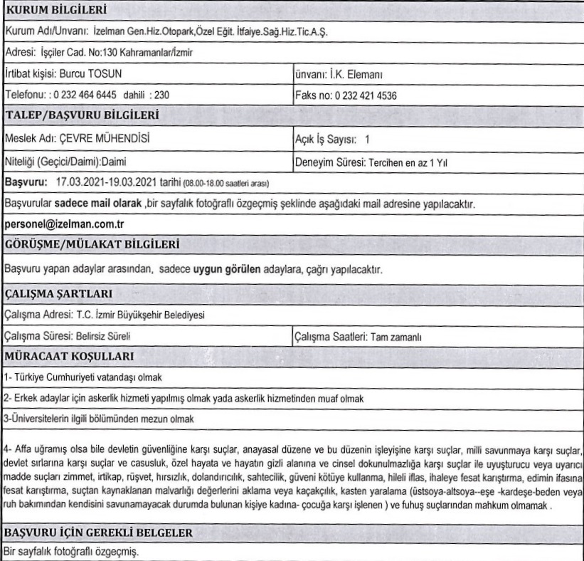 İzmir İzelman personel alımı 2021 Mart iş ilanları