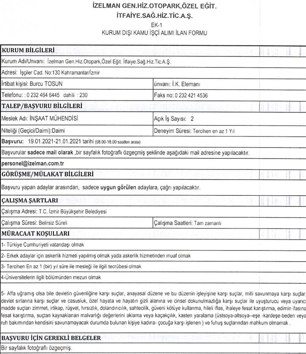 İzmir Büyükşehir Belediyesi İZELMAN personel alımı 2021