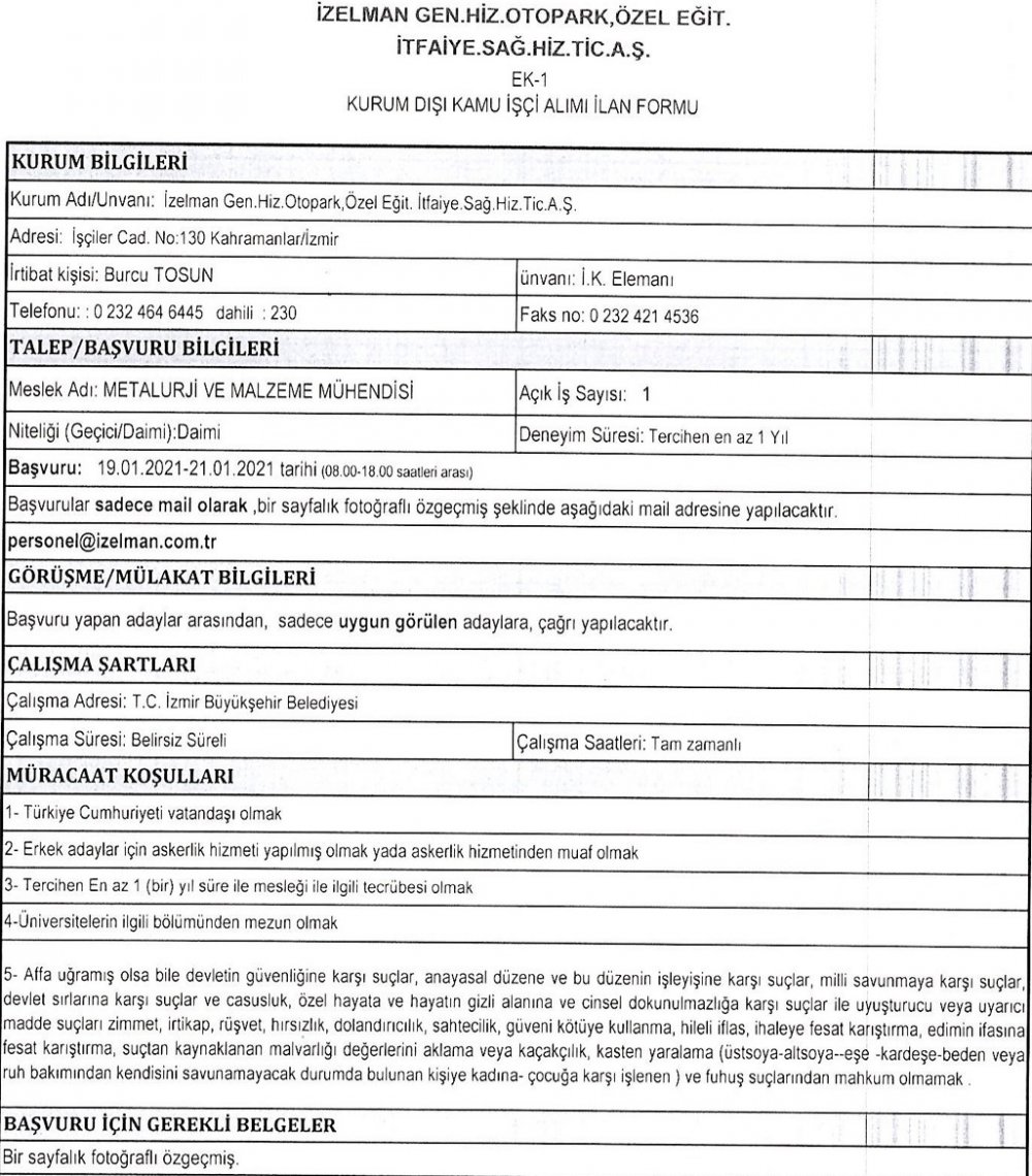 İzmir Büyükşehir Belediyesi İZELMAN personel alımı 2021