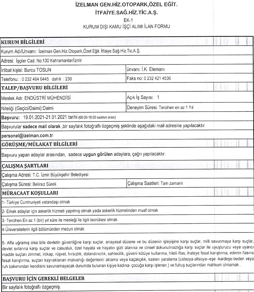 İzmir Büyükşehir Belediyesi İZELMAN personel alımı 2021