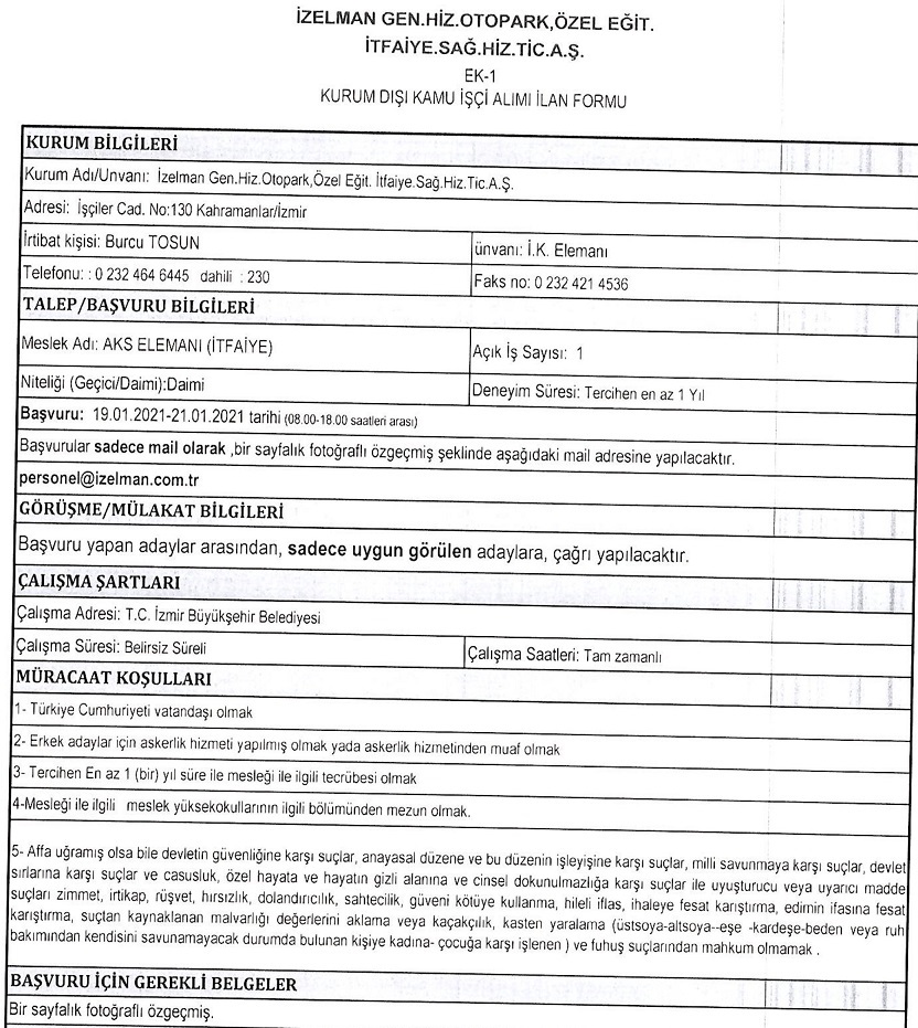 İzmir Büyükşehir Belediyesi İZELMAN personel alımı 2021