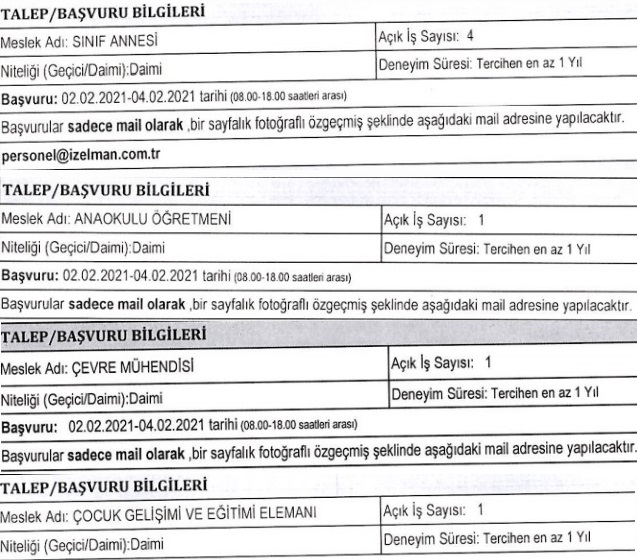 İzmir İzelman personel alımı 2021 iş ilanları