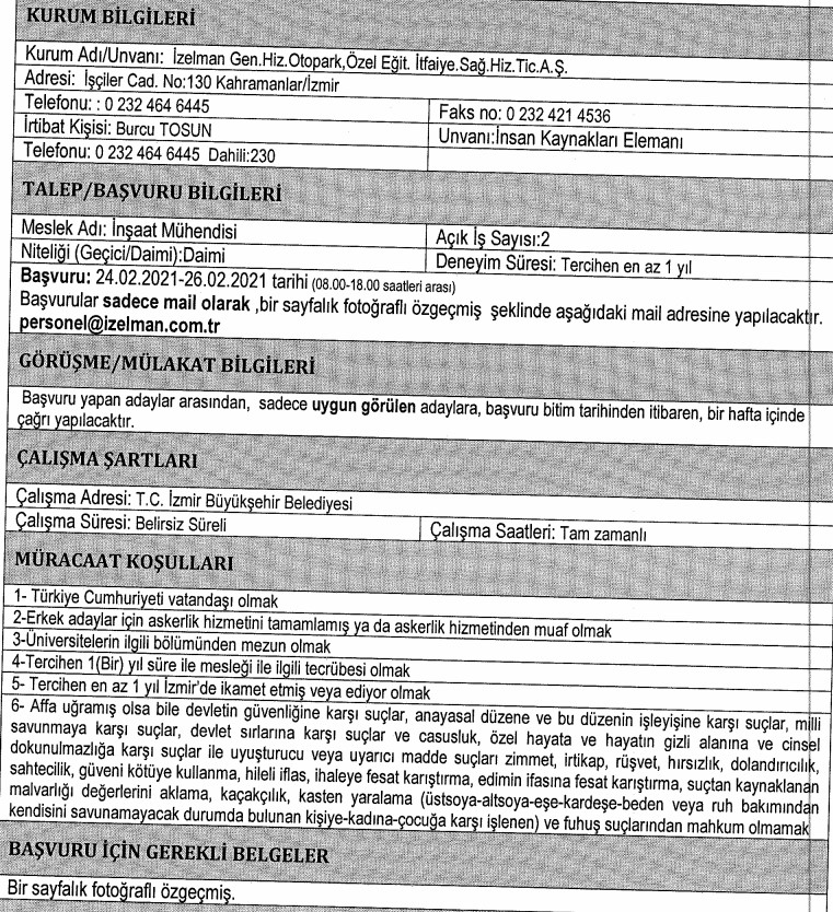 İzmir Büyükşehir Belediyesi personel alımı 2021