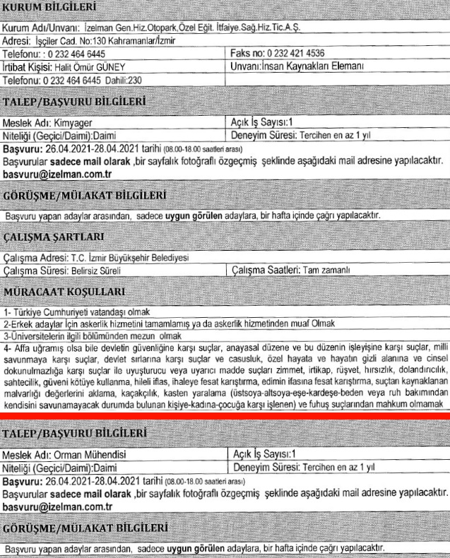 İzmir Büyükşehir Belediyesi İzelman personel alımı