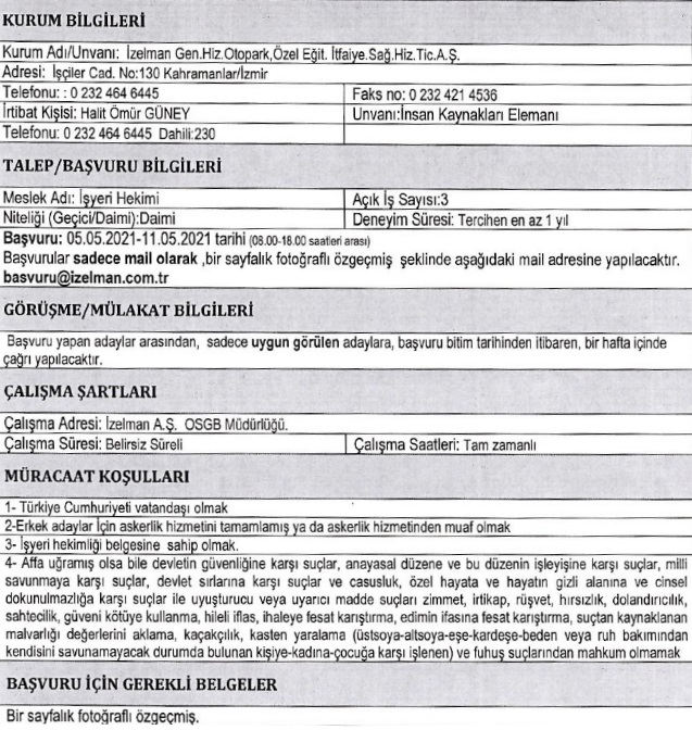 izelman personel alımı 2021