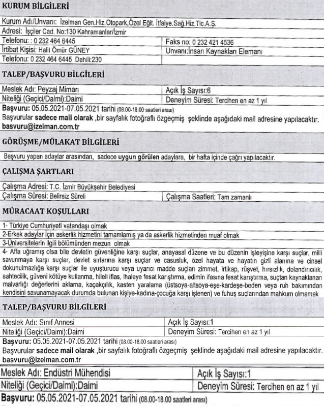 İzelman personel alımı 2021 Mayıs