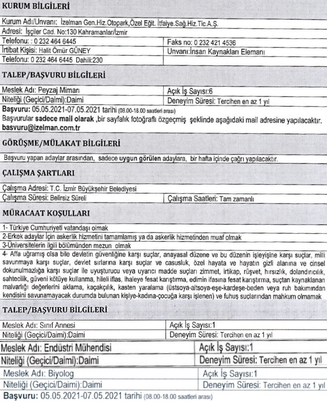 İzmir Büyükşehir Belediyesi İzelman personel alımı Mayıs 2021