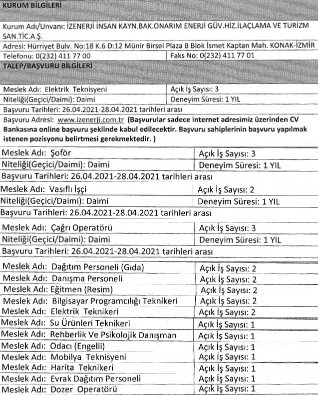 İzmir Büyükşehir Belediyesi İzenerji personel alımı