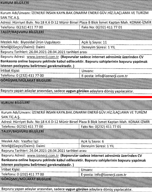 İzenerji personel alımı 2021